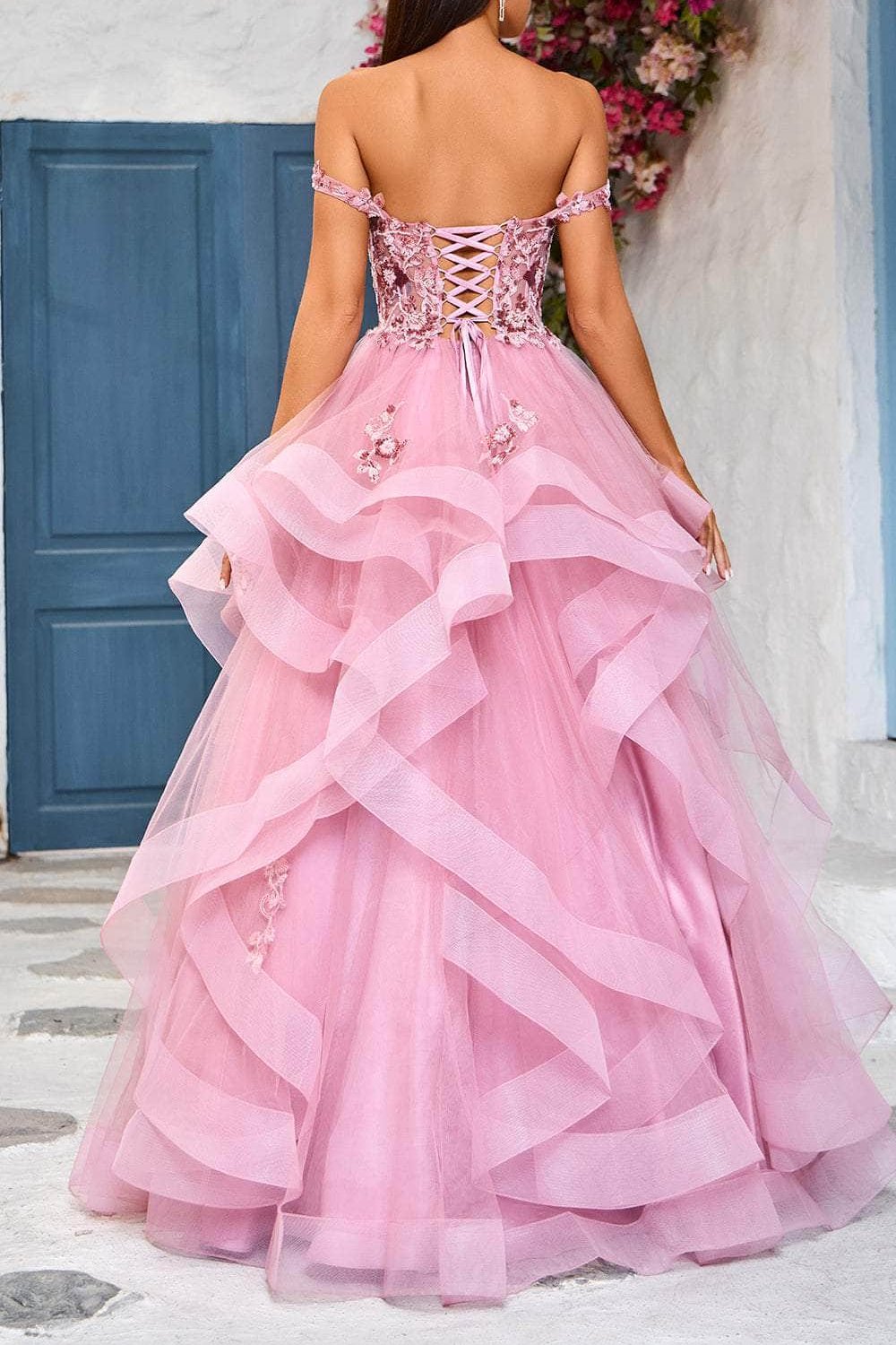 Formal Women's Dresses A-line/Princess Sweetheart Ruffle Skirt Evening Dress Off-the-Shoulder Floor Length Backless Prom Dress Prom Dress Shops